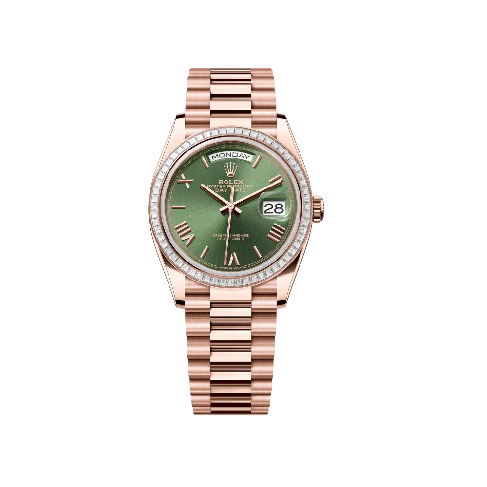 Rolex Day-Date 36 Everose Gold & Diamond Bezel Green Dial 128395TBR – Luxury President Watch